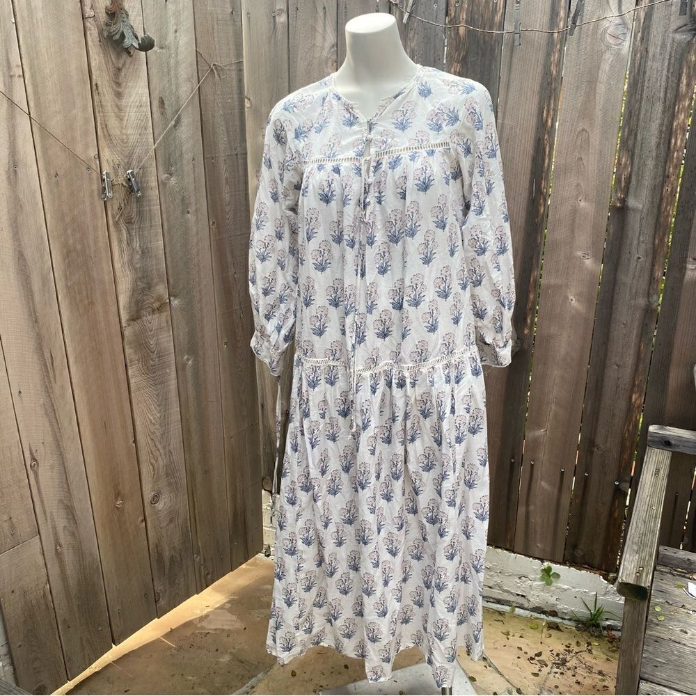 Zara Maxi Dress Block Print Boho Flowy Long Sleeves Floral Cream Blue Pink S - Picture 12 of 16